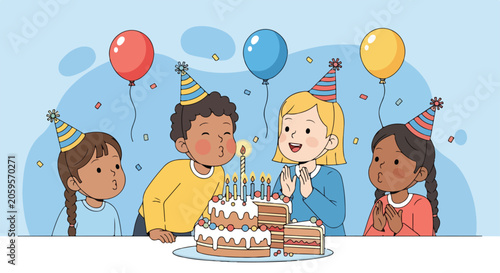 Valokuva A group of children celebrating birthday with cake and balloons