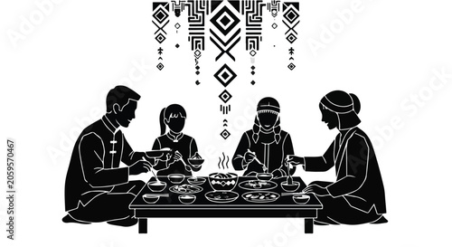 Diverse family shares a joyful meal around a low table, celebrating tradition and togetherness.