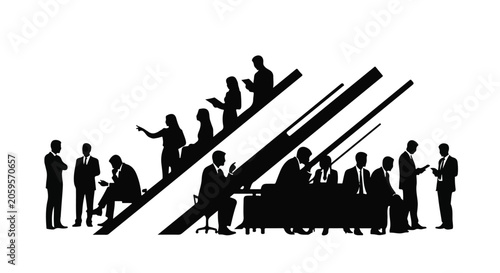 Diverse silhouettes of business professionals collaborating and communicating in a modern office setting.