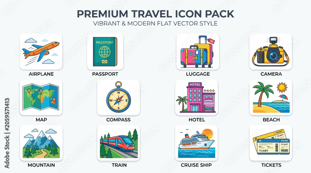 Fototapeta premium Travel icons featuring airplane, passport, luggage, and beach scenes