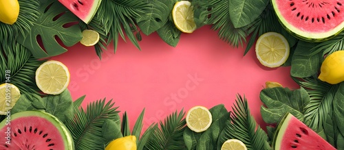 Watermelon, lemon slices and tropical leaves framing empty space for text, summer concept