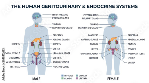 Foto Human genitourinary and endocrine systems in male and female anatomy