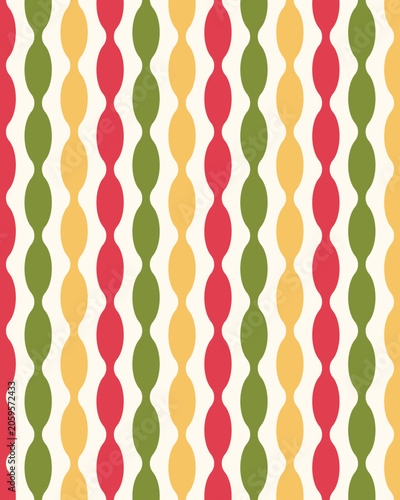 A seamless geometric pattern featuring vertical wavy stripes in alternating shades of olive green, mustard yellow, and coral red on a soft cream background