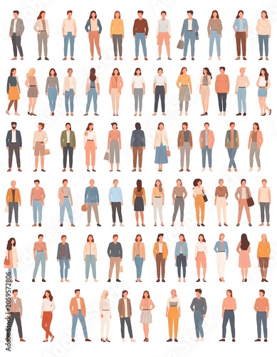 Crowd of diverse, standing people. Front, side, and rear views