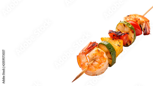 Tableau sur toile Delicious grilled seafood shrimp and vegetable kebab skewer isolated on transpar