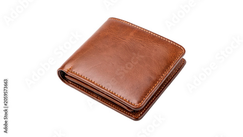 Foto Classic bi fold brown leather wallet pocket money container isolated on transpar