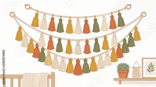 Bohemian style wall hanging with tassels and potted succulent plant, interior