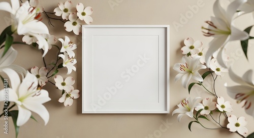 White photo frame mockup with floral arrangement dogwood and lily