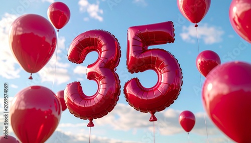 Red balloons float in the air with number thirty-five on a sunny day