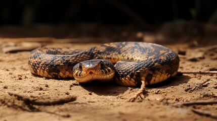 A snake is curled up on the ground. The snake is brown and black. The snake is not moving. Black background