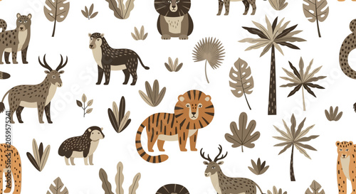 Photography Seamless safari animal pattern with tiger and tropical leaves