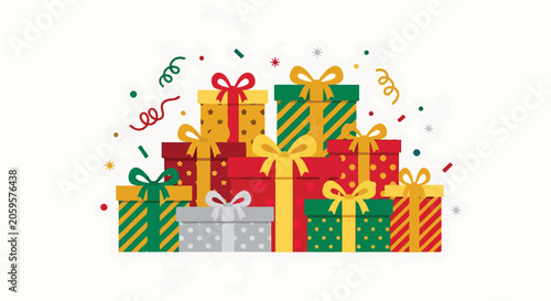 Colorful presents stacked high with ribbons and confetti
