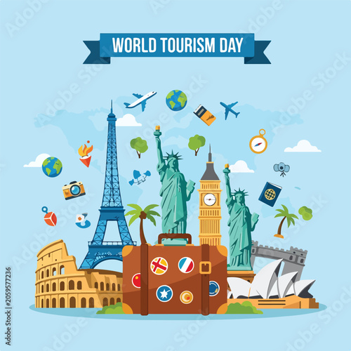 Obraz na plátně Colorful illustration of landmarks and travel items for World Tourism Day