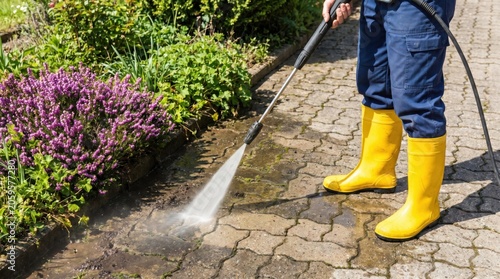 Person cleaning stone patio with high pressure water washer
