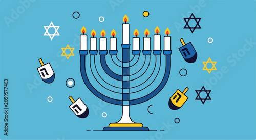 Fotografía A menorah with lit candles and dreidels