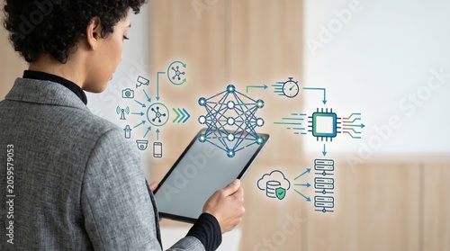 Artificial intelligence concept showing neural network structure, machine learning process flow, IoT sensors input, cloud storage database, microchip processor speed optimization