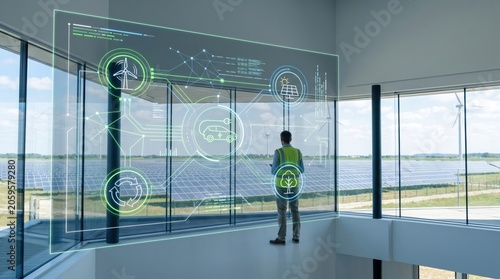 Engineer monitoring renewable energy systems via holographic display showing solar panels, wind turbines and electric vehicle charging station icons.