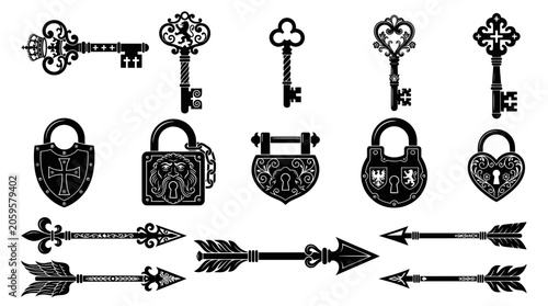 Photos Vintage ornate keys padlocks and heraldic arrows in silhouette