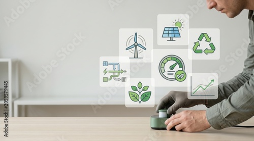 Hand pressing button with floating green energy icons including solar panel, wind turbine and recycling symbol, illustrating sustainable development and eco-friendly power