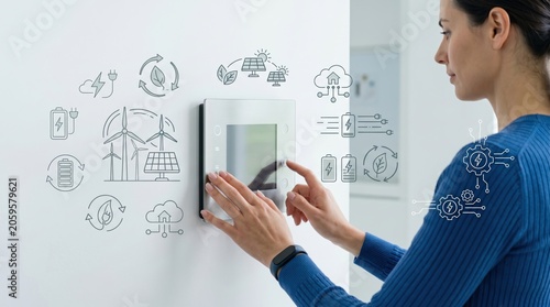 Woman using smart home energy management panel, controlling renewable power sources like solar and wind, battery storage system, eco-friendly lifestyle and sustainable living