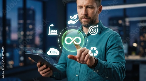 Man interacting with circular economy and sustainability icons on tablet, focusing on CO2 reduction, recycling, industrial ecology, and environmental protection goals for a