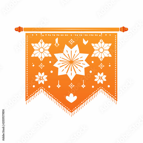 Orange Papel Picado Banner with Floral and Star Designs