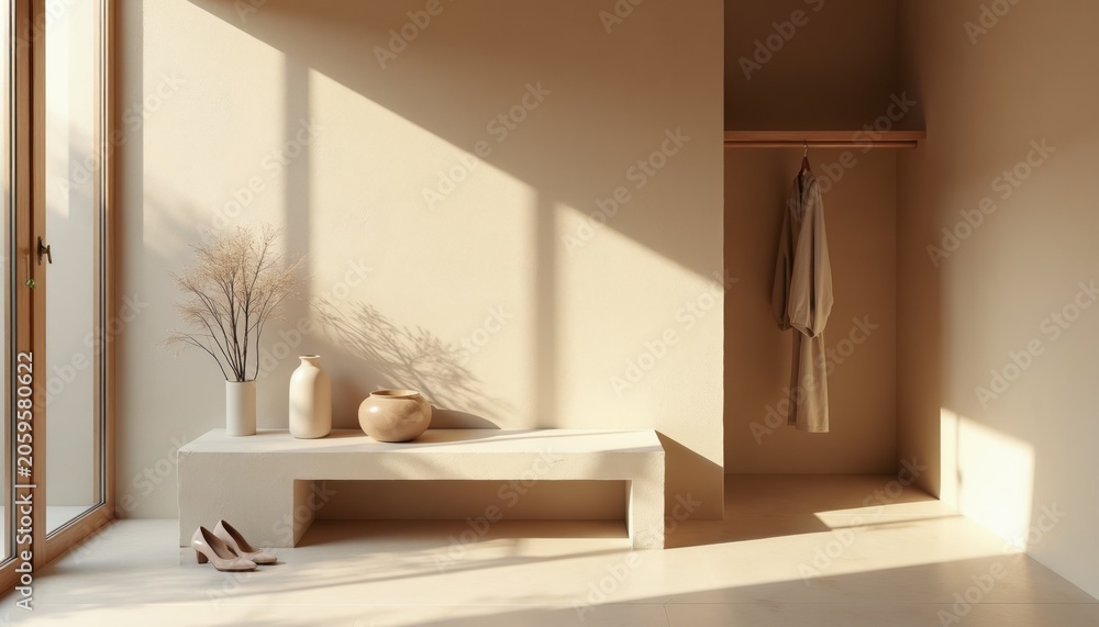 Fototapeta premium Minimalist interior with sunlight casting shadows. Dry plant in vase and pottery decor on shelf. Soft neutral colors create calm mood. Neutral bedroom with clothing on hanger.