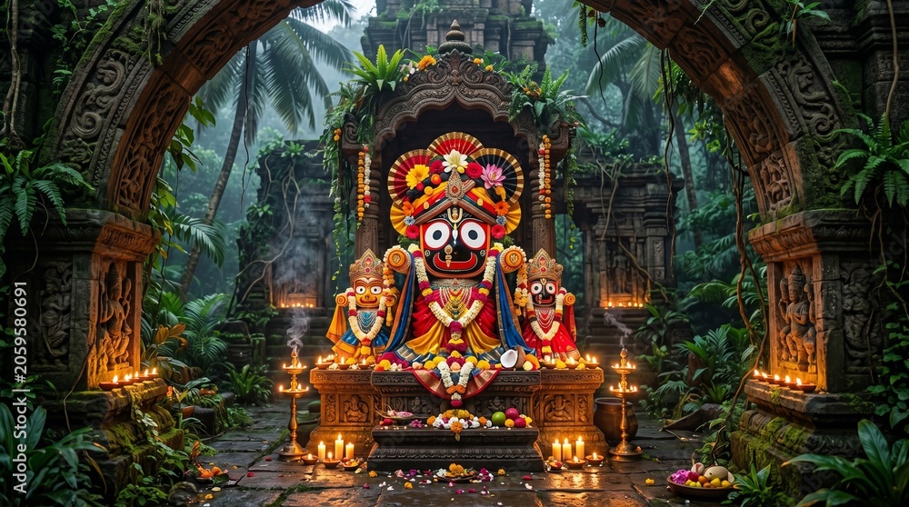 Obraz premium Lord Jagannath idol inside an abandoned jungle temple