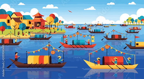 Foto Colorful boats on a river with a village