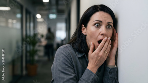 Surprised woman in office attire eavesdropping at the wall with a shocked expression and hand over her mouth while hearing secrets.