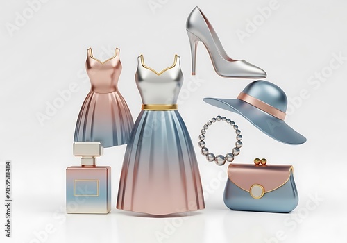Fashion collection with dresses shoes hat bag necklace and perfume