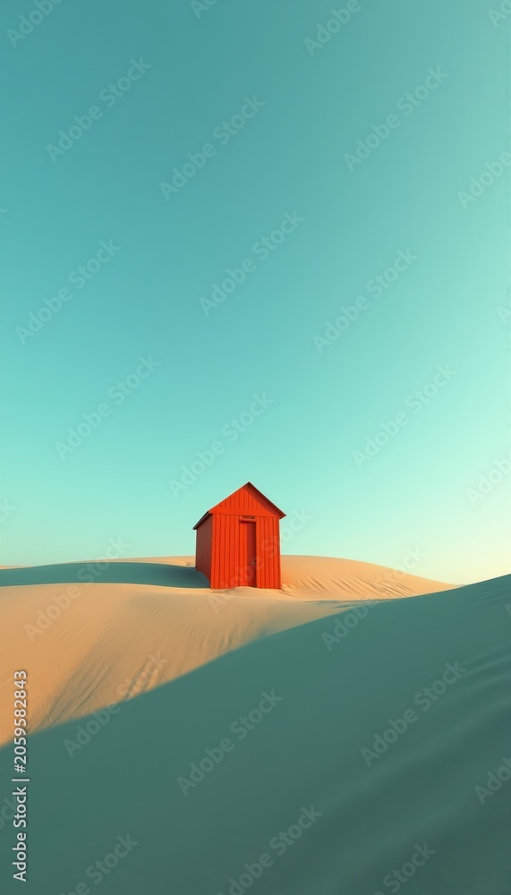 Fototapeta premium Bright red tiny house stands on sand dunes under clear blue sky. Minimalist structure offers quiet solitude. Warm sun illuminates sandy hills. Clean minimalist design.