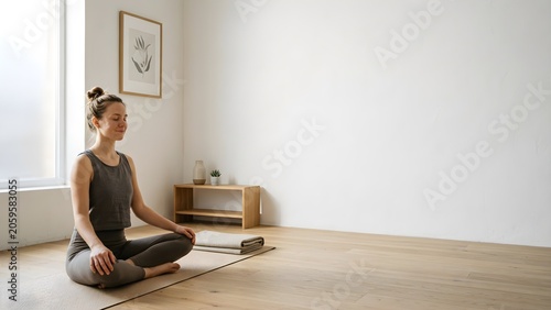 Serene Woman Meditating in a Bright, Minimalist Room.