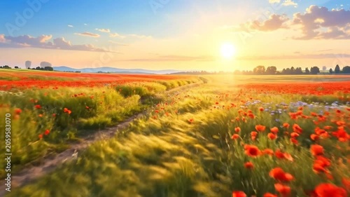 Vibrant field of wildflowers under a bright, warm sun