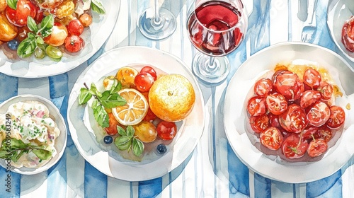Watercolor of Italian cuisine,pasta,pizza,lobster,wine,Mediterranean summer,lemon tree,Traditional greek Santorini house ,holiday restaurant,brochures,menu cafe,banner concept.