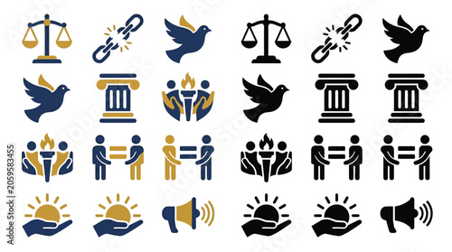 Obraz na plátne Collection of icons representing justice, freedom, peace, equality, and human rights
