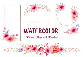 Floral watercolor illustration of a wedding floral page and reception decorations