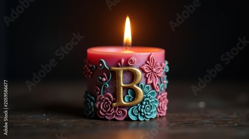 Lit candle with a gold letter b and colorful flower decorations in the dark