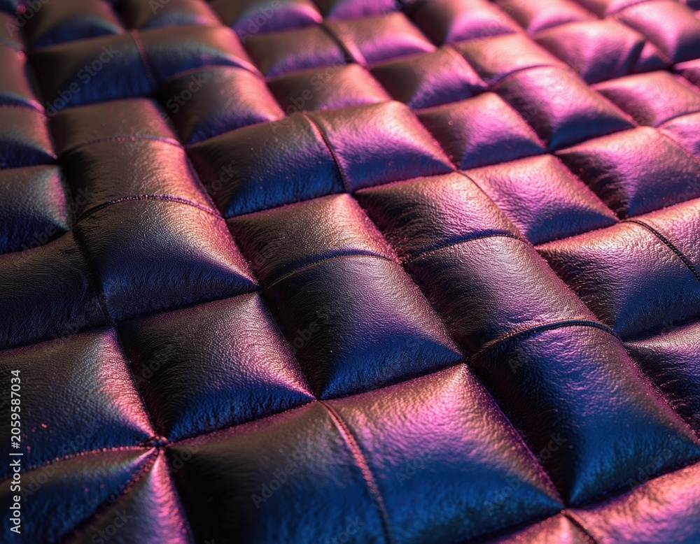 Naklejka premium Dark quilted textile surface with purple and blue lighting. Textured material has square patterns, reflecting light creating depth. Shiny fabric offers luxurious feel and visual appeal.