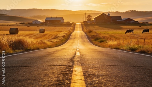 A rural country road stretches into the distance at golden hour, flanked by sun-drenched fields, farm structures, grazing animals, and rolling hills under a warm, hazy sky