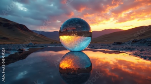 Glass crystal ball reflecting a beautiful golden sunset over a mountain landscape