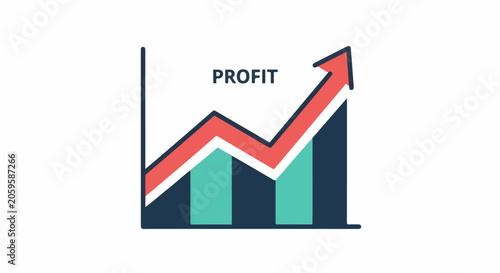 A stylized graph shows an upward trend in profit with a red arrow and teal bars