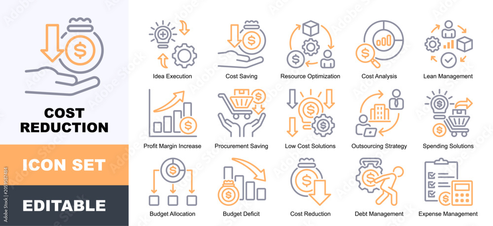 Fototapeta premium Cost Reduction Icon Pack Featuring Idea Execution, Cost Saving, Resource Optimization, Cost Analysis, Lean Management, Profit Margin Increase, Procurement Saving