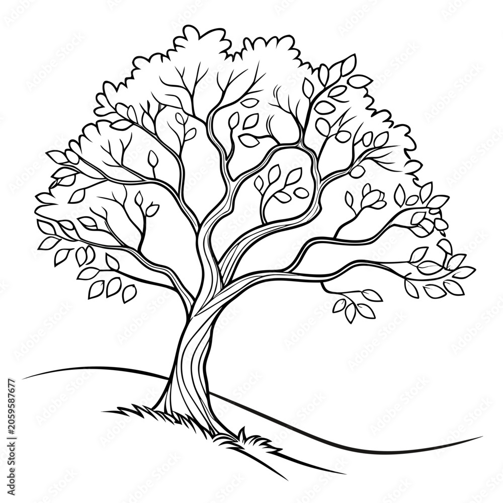 Fototapeta premium Hand drawn ink illustration of a single deciduous tree standing on a grassy hill with illustration monochrome isolated