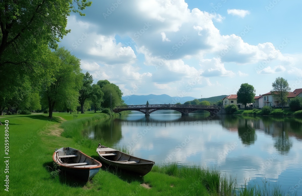 Fototapeta premium Two boats rest on grassy riverbank beside calm water. Arch bridge crosses river in distance, town buildings line far shore, cloudy sky reflects on surface.