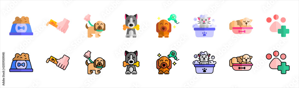 Fototapeta premium Complete Pet Wellness Activity Icon Pack Featuring Feeding Walking Grooming Playtime Rest and Veterinary Care