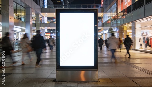 Blank illuminated billboard stand at night in a bustling urban shopping district, with blurred pedestrians, modern architecture, and bright storefront lights, perfect for advertising mockups and city