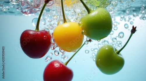 Colorful fresh cherries falling into clear water with splash and air bubbles