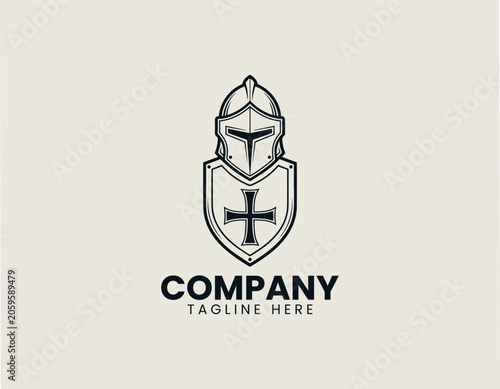 Medieval knight helmet shield with cross minimalist black vector logo heraldic crest emblem