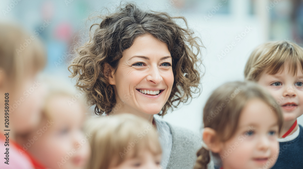Fototapeta premium A smiling woman stands among children on National missing Children’s Day.